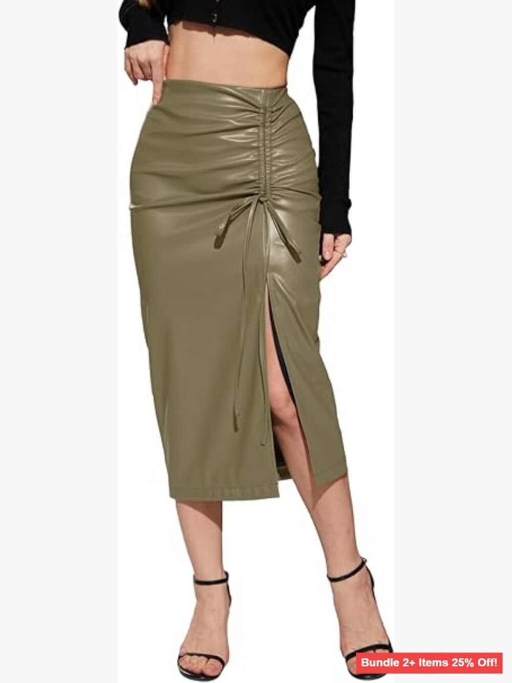 Faux Leather Bodycon Pencil Skirt High Waisted Side Slit Midi